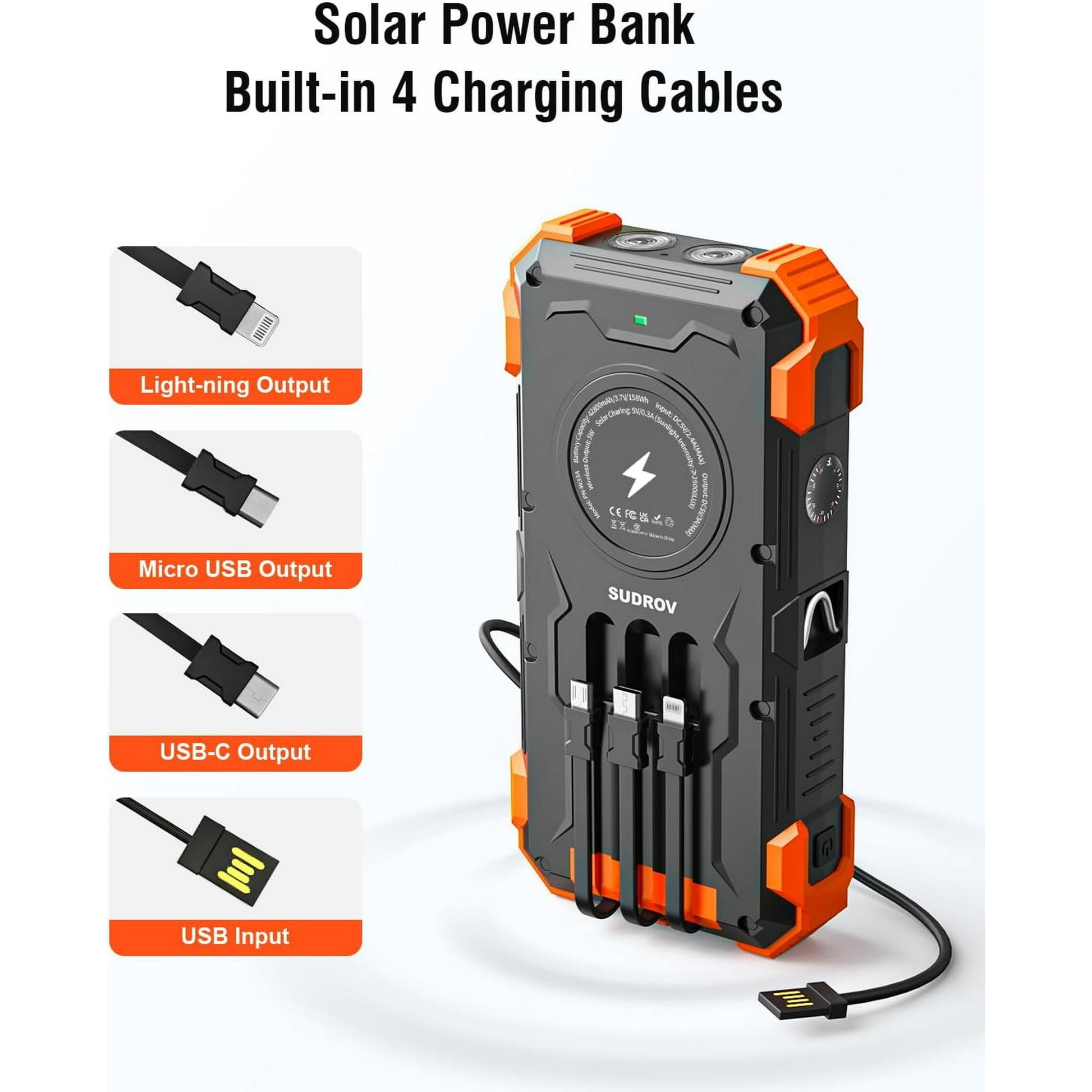 42800Mah Solar Charger Power Bank with 4 Cables, 15W Fast Charging Portable Charger for Cell Phone, Wireless Charger Solar Battery Pack with Dual Flashlights, Carabiner